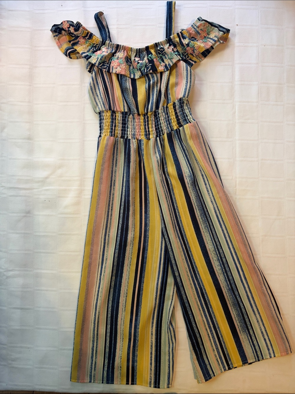 Knitworks Yellow Navy Pink Striped Off-Shoulder Jumpsuit